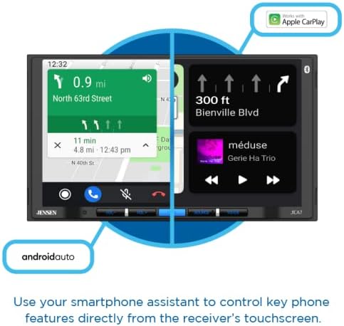 JENSEN J1CA7 7 אינץ 'מוסמך Apple CarPlay Android Auto | מקלט סטריאו של מסך מגע DIN כפול | Bluetooth